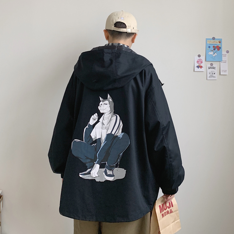 

2020 Spring And Autumn New Youth Print Loose Jacket Fashion Casual Hooded Solid Color Top Black / Khaki / Army Green