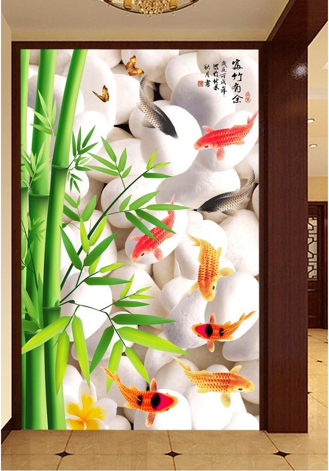 

WDBH 3d wallpaper custom photo mural Bamboo stone fish porch background home decor living room 3d wall muals wall paper for walls 3 d, Non-woven