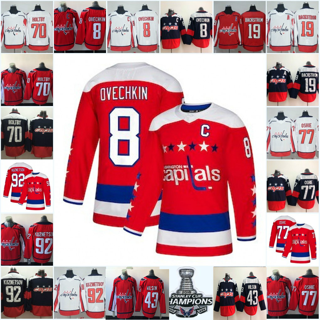 

Washington Capitals Alexander Ovechkin 2018 Champions Jersey Nicklas Backstrom Braden Holtby Evgeny Kuznetsov Tom Wilson T. J. Oshie Jersey, Black;red