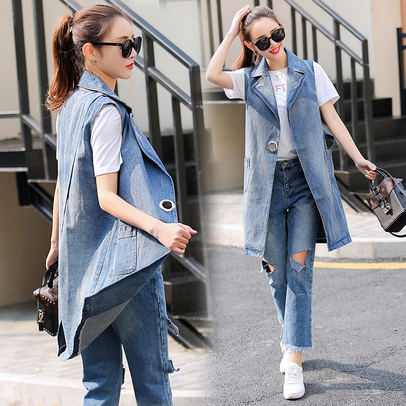 

2020 Cowgirl Vest Spring Autumn Korean Sleeveless Waistcoat Women' Mid-length Fashion Temperament Solid Color Vest E107, Photo color