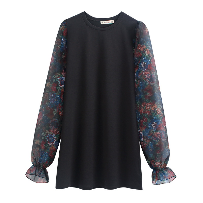 

Spring Dress Women 2020 New Fashion Black Knit Body Patchwork Transparent Floral Sleeve Feminino Vestidos, As photo