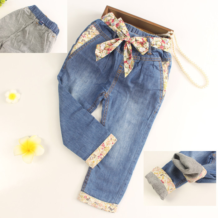 

Baby Girls Cotton Denim Jeans Girls Double-fabric Jeans Kids Cotton Soft Jeans Child Autumn Long Pants With Flower-belt, Blue