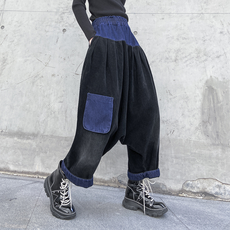 

Women's Pants & Capris Women Oversize Casual Denim Spliced Corduroy Wide Leg Trouser Female Streetwear Hip Hop Plus Size Harem Cross-pants 6, Black