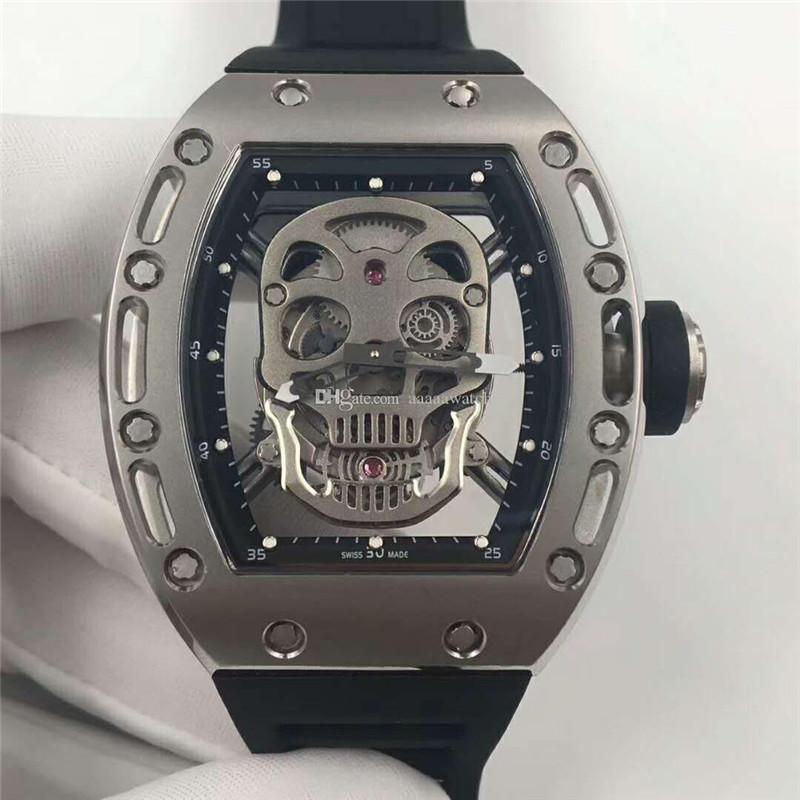 

New Sport Watch Tourbillon 052 Men Watch Swiss Automatic 28800VPH Sapphire Crystal Titanium alloy/Stainless Steel skull Dial Mens Watch, Slivery;brown