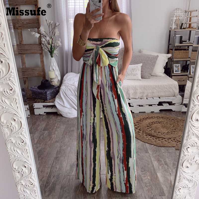 

Missufe Strapless Floral Print Rompers Female Jumpsuits Bow Tie Sexy Sleeveless Bodysuits Women Casual Wide Leg Jumpsuit 2020, As photo