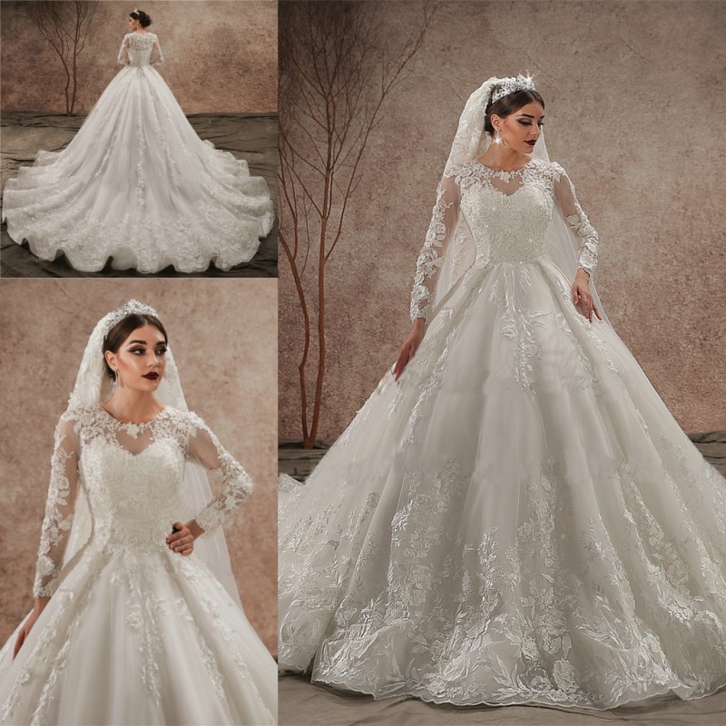 

New Design Wedding Dresses Shiny O-Neck Tulle Lace Long Sleeves Sexy Beaded Puffy Court Train Wedding Gowns, White