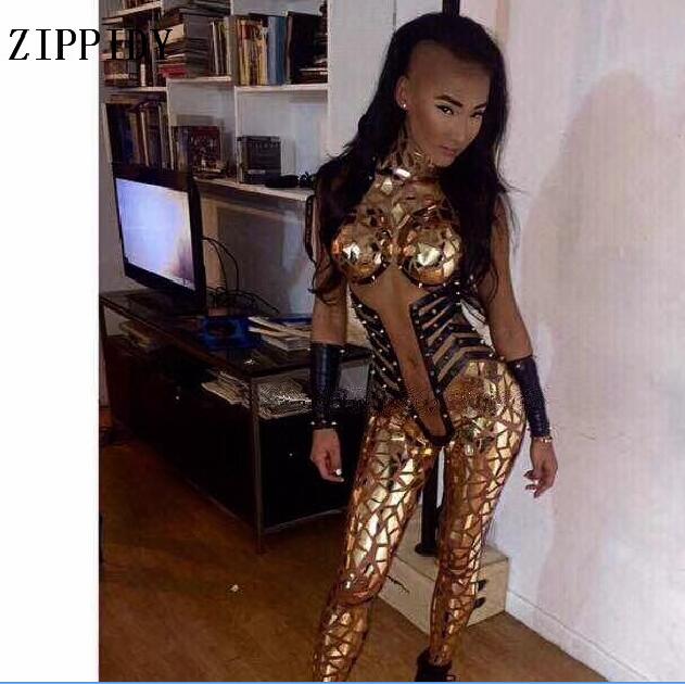 

Sexy Gold Sequins Glisten Crystals Skinny Jumpsuit Bright Bar Evening Outfit Party Singer Costume One-Piece Design Stage Rompers, Gold jumpsuit