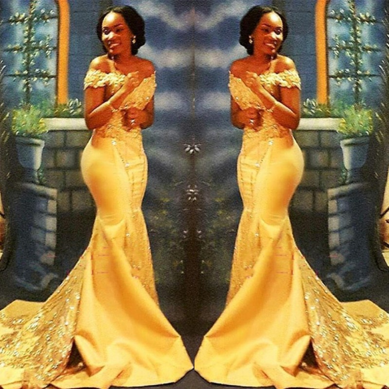 

African Nigerian Yellow Mermaid Prom Dresses 2022 African Off Shoulders Lace Sequined Satin Evening Prom Gowns BA8405, Same as picture