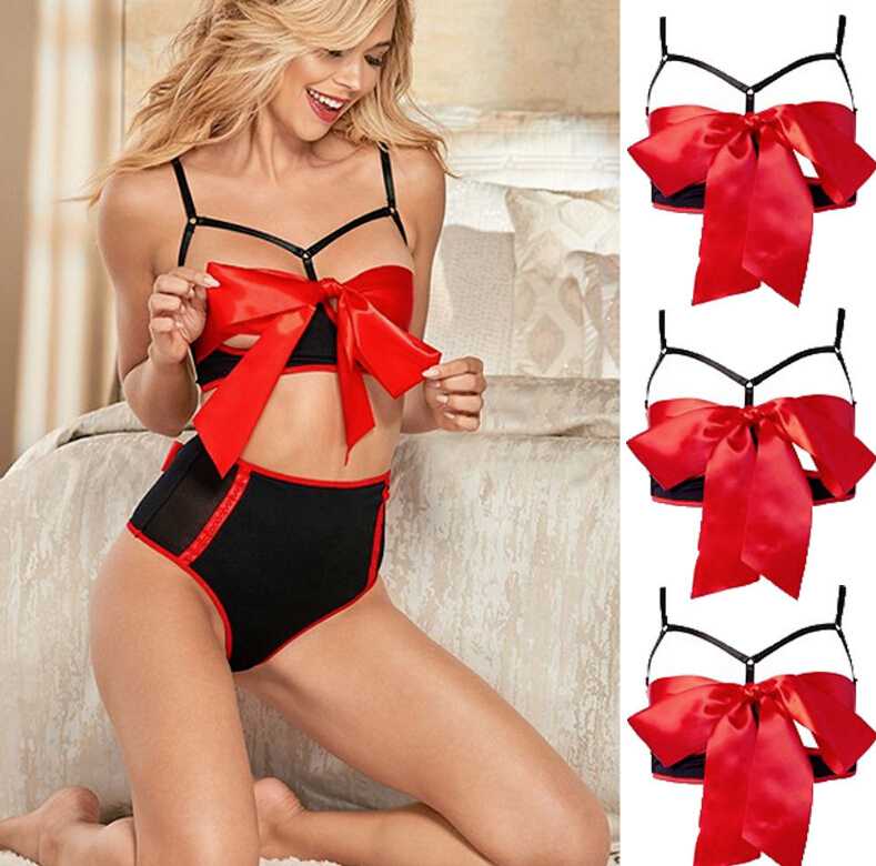 

2pcs Women Sexy Red Bowknot Bra High Waist Briefs Lingerie Babydoll Underwear Set Women Sexy Lingerie Set, As pic