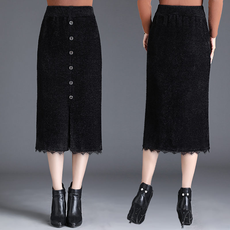 

Mink Velvet Stitching Lace Skirt 2020 Winter Spring Women's Knitted Package Hip Skirt Fashion Split Woolen Elegant f2917, Black