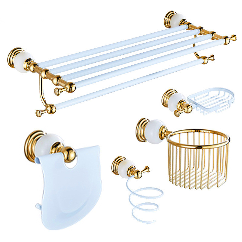 

New Bathroom Accessories Set Brass & Jade White Gold Paper Holder Towel Bar Soap Basket Towel Rack Hook Bathroom Hardware Set