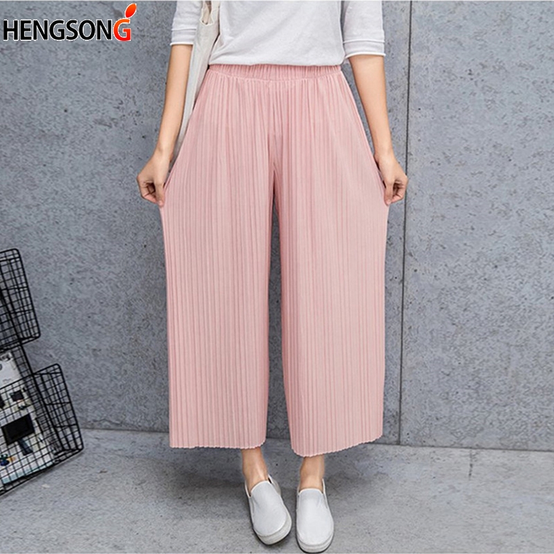 

Fold Pleated Pants Trousers For Women Bottoms All Reason Casual Pants Mid Waist Wide Leg Female Pantalon Mujer, Pink