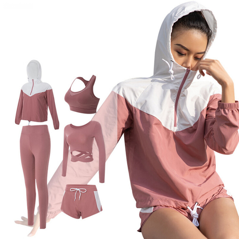 

Women yoga 5 piece set hooded coats+sexy bra+t shirt+shorts+pants fitness gym sportswear clothing outdoor running suit sets, Pink 1