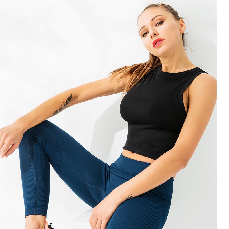 

Women Seamless Sleeveless Yoga Top Fitness Women Workout Running Tops Sports Wear For Gym Sexy Tights Quick Dry T-Shirt, Navy