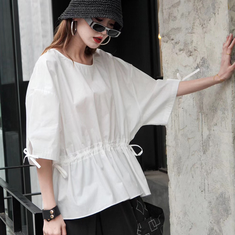 

Fashion Vintage Solid Clothing for Women Drawstring Waist Summer Top Women's T-shirt Round Neck Half Sleeve Bandana T-shirts, Black