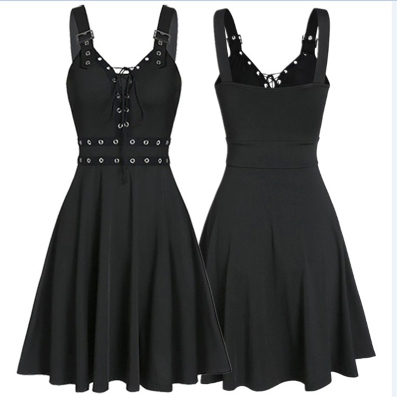 

Elegant Ladies Dress Retro Gothic Punk Strap Stitching Sexy Party Sleeveless Dress Street Harajuku Style Ladies Clothes, Black