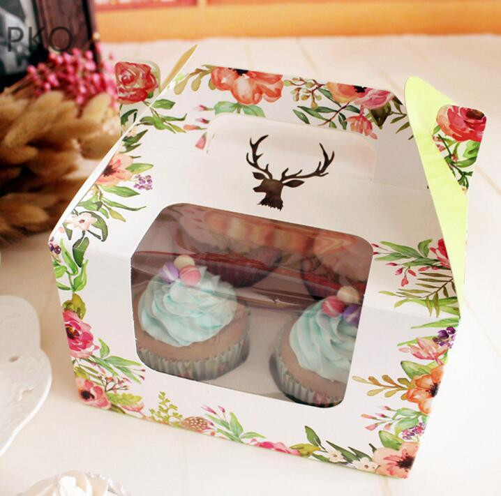 

25pcs Paper Cake Box And Packaging 4 Holes Insert Cupcake Box With Handle Wedding Christmas Party Muffin Cake Package