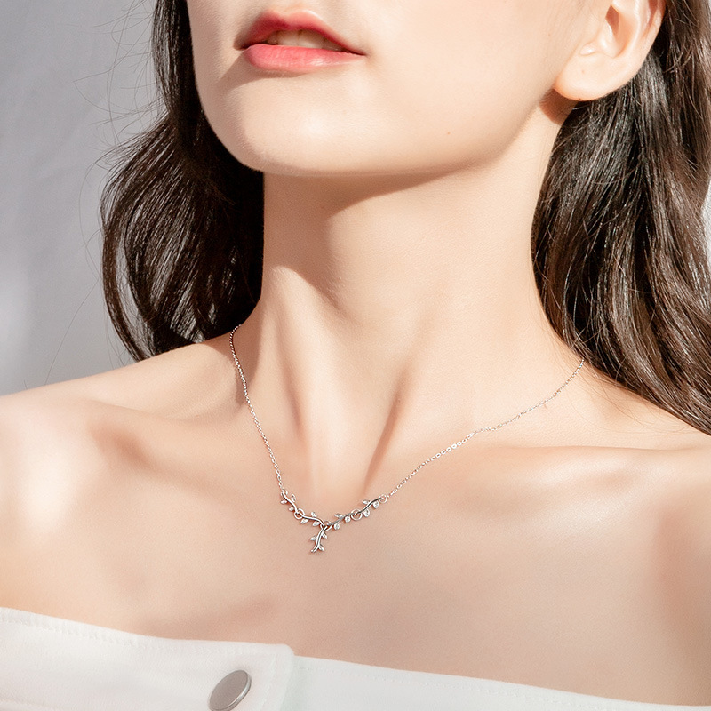 

925 Sterling Silver Leaf Branch Necklaces For Women Simple Chain Dainty Choker Collares