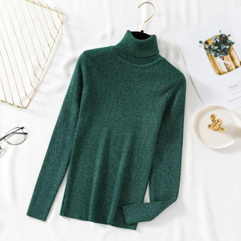 

Turtleneck Slim Bottoming Sweater Shiny Lurex Winter Sweater Women Long Sleeve Pullover Korean Knit Solid Color Top, Pink