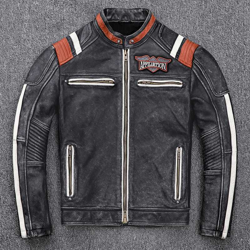 

2020 Vintage Black Men Leather Motorcyclist Jacket Skull Embroidery Plus Size 3XL Genuine Cowhide Short Biker Coat FREE SHIPPING