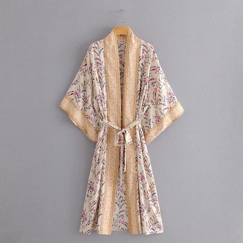 

women blouse summer new holiday style positioning printed scarf-style lace-up kimono mid-length cardigan jacket