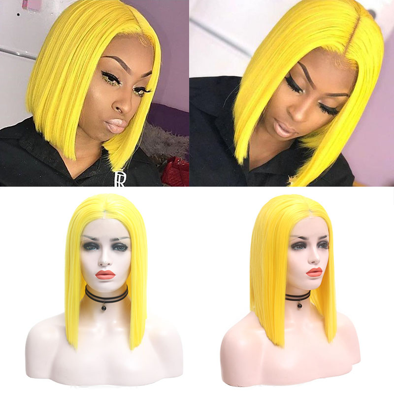 

AIMEYA Yellow Color Short Bob Synthetic Lace Front Wigs for Women Middle Part Heat Resistant Fiber Hair Wigs Natural Hairline, As pic