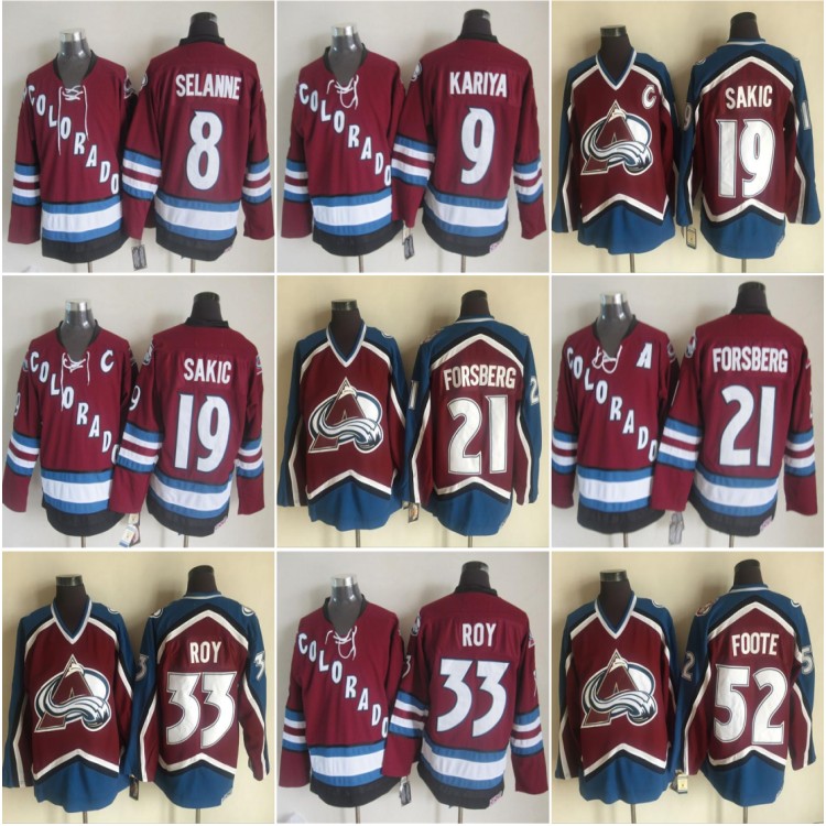 

Vintage Colorado Avalanche Hockey Jerseys 52 Adam Foote 21 Peter Forsberg 8 Teemu Selanne 9 Paul Kariya 19 Joe Sakic 33 Patrick Roy Jersey, Black;red