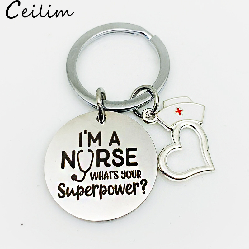 

Nurse Cap Stainless Steel Keychain Engraved I am a nurse Keyring Heart Key Chains Charm Love Medicine School Students Gifts