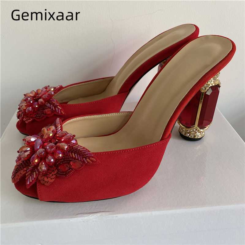 

Sexy Crystal Butterfly-flower Party Shoes Woman Jeweled Rhinestone Diamond Heel Luxury Red Suede Open Toe Summer Slippers Women