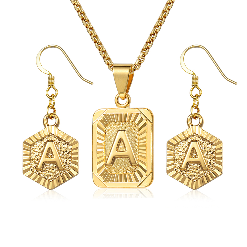 

Initial Letter A Z Jewelry Set For Women Gold Box Pendant Necklace Dangling Earrings Set Woman Accessories Gifts Creative DGSM01, As pic