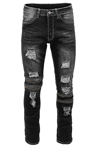 

JC DISTRO Mens Distressed Slim Fit Stretch Jeans W/Zipper Accents Denim Pants, As pic