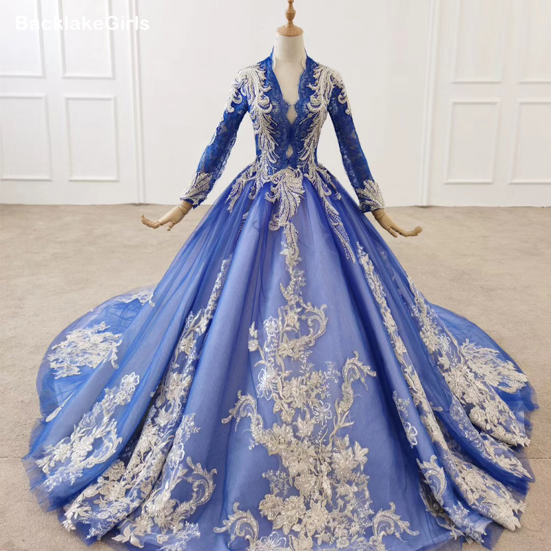 

Elegant Blue And White Applique Plus Size Evening Dress Elegant Deep V Neck Long Sleeve Mother Of The Bride Dresses For Weddings, As picture