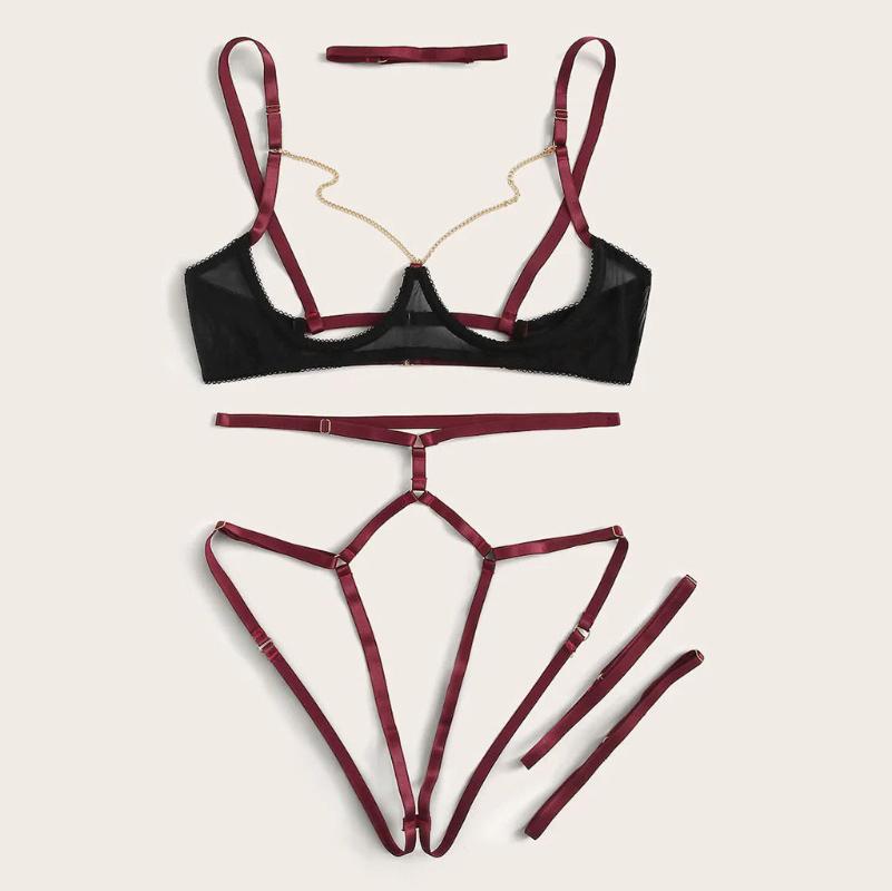

Women Sexy Lingerie Set Lace Underwire Bra Female Lingerie Bras Open Crotch Cage Bandage Briefs Set Exotic Babydoll Costumes, Wine