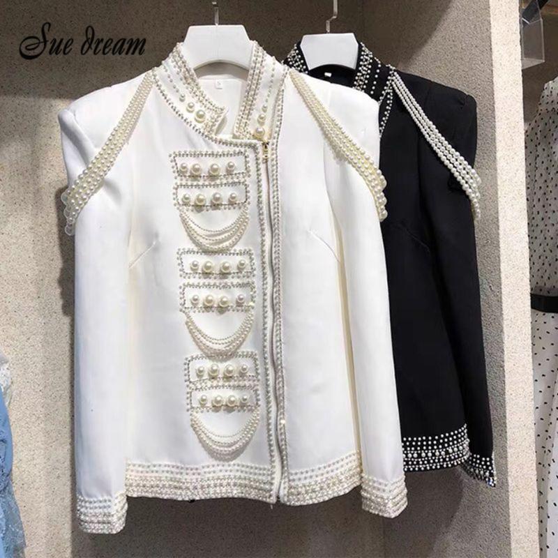 

2020 Autumn New Women' Small Fragrance Caot Fashion Heavy Industry Pearl Diamond Casual Jacket Female Bodycon Club Party Coat, Black