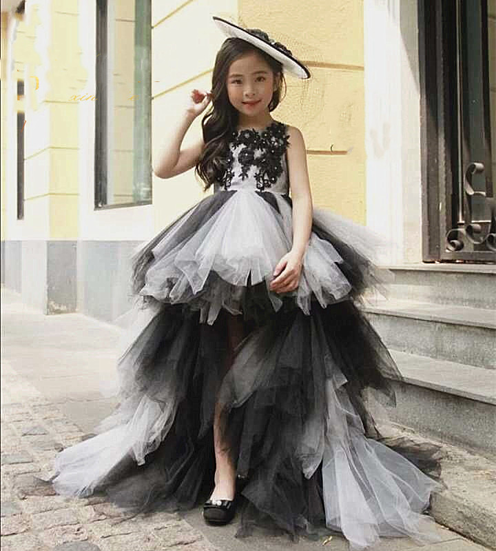 

Black Customized Flower Girl Dresses Applique Lace High Low Girls Birthday Dress Party Performance Gowns with Train
