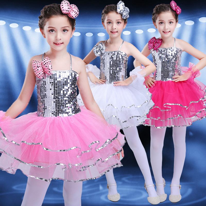 

New children's sequins fluffy skirt performance clothing girls children's modern princess dress jazz dance costumes, White