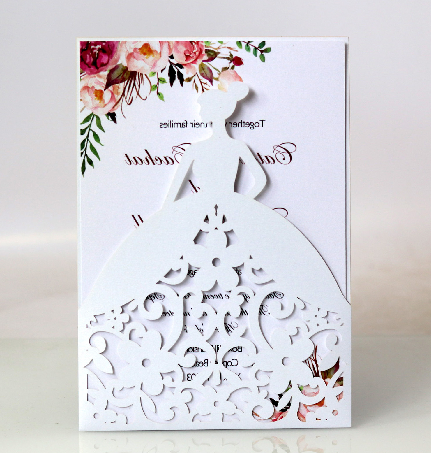 

Laser Cut Invitations OEM Support Customized With Bride Gown Folded Hollow Wedding Party Invitation Cards With Envelopes BW-HK354, Pink