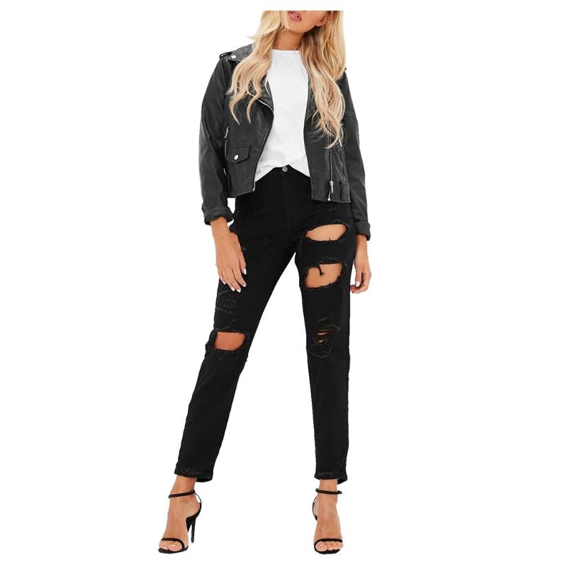 

ripped hole fashion Jeans Women High Waist Skinny Pencil Blue Denim Pants women washed beached stretch elastic Jeans women#C, Black