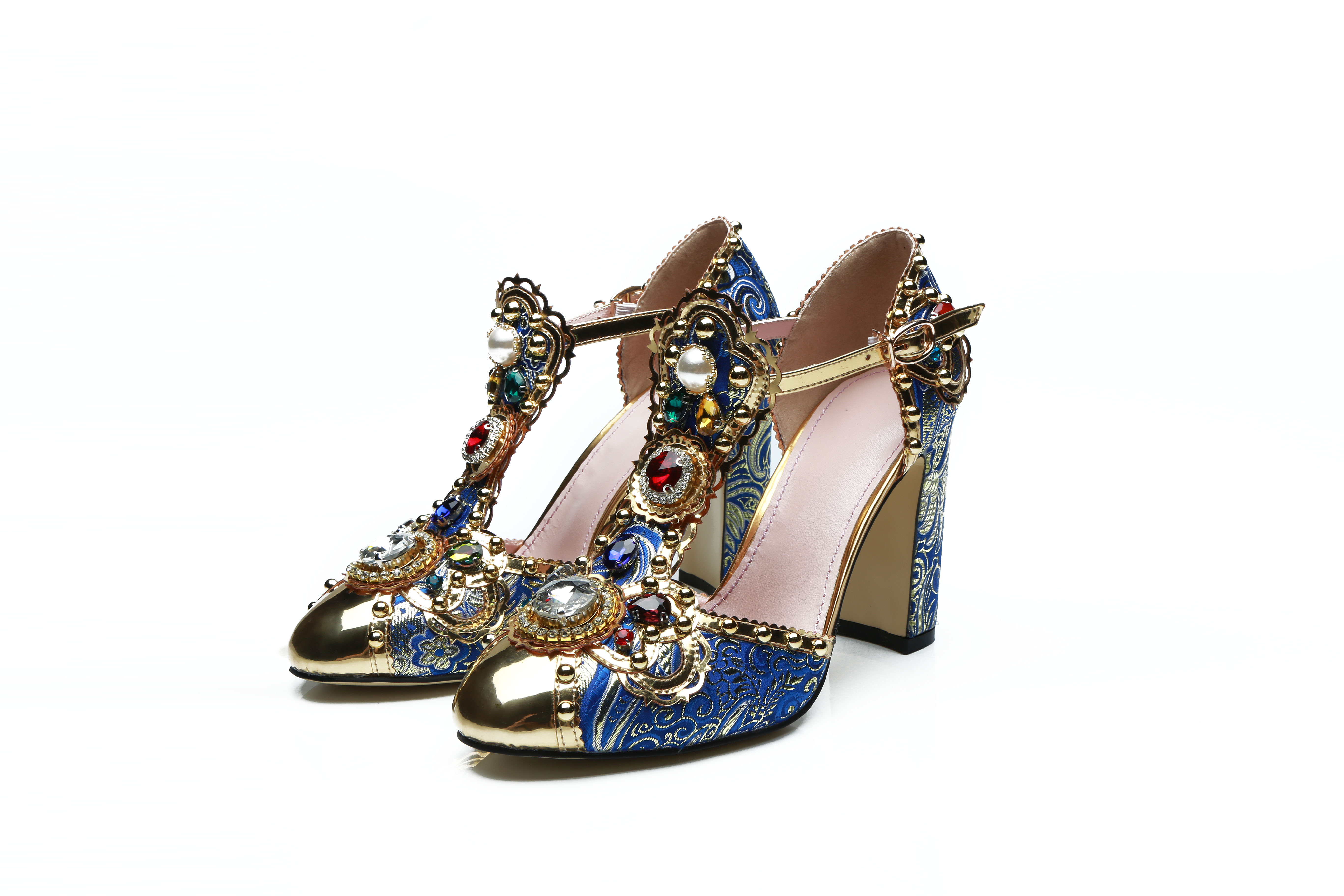 

Free shipping 2019 satin leather chunky high heels embroider diamond metal Round toes colourful diamond Pumps Dress SHOES party wedding blue