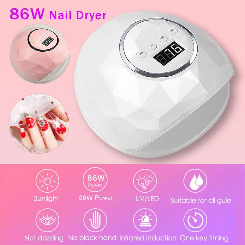 

86W LCD Display Professional Nail Dryer LED UV Lamp Intelligence Drying Gels Nail Polish Art Tools 180 Degree Irradiation, Pink