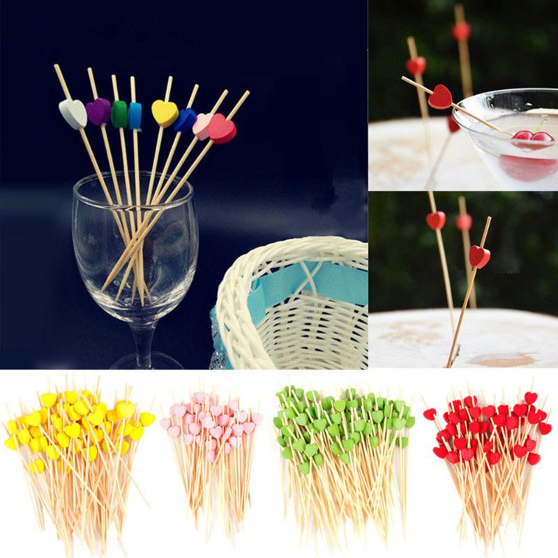 

Disposable 100Pcs 12cm Bamboo Heart Skewer Fruit Dessert Cake Sign Cocktail Pick Cute Stick Buffet Cupcake Topper Party