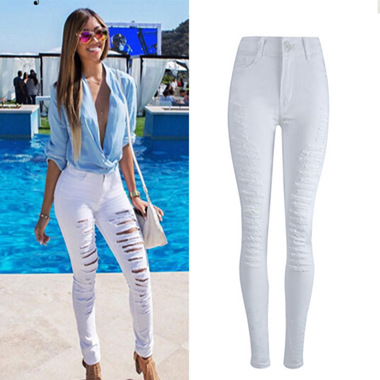 

White jeans high waist pants stretch Slim thin new big hole jeans women's trend personality honing hole elastic feet pants, Black