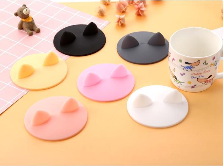 

cute cartoons cat ear shaped cup cover food grade heat-resistant leakproof silicone lids coffee mug caps cover