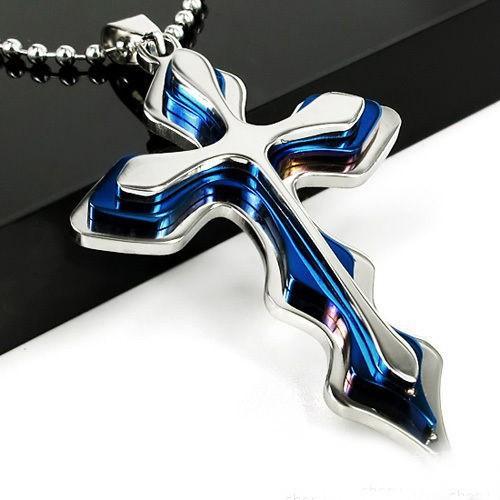 

international trade hot selling cross hanging stainless steel blue wave mens titanium steel necklace manufacturer batch sales