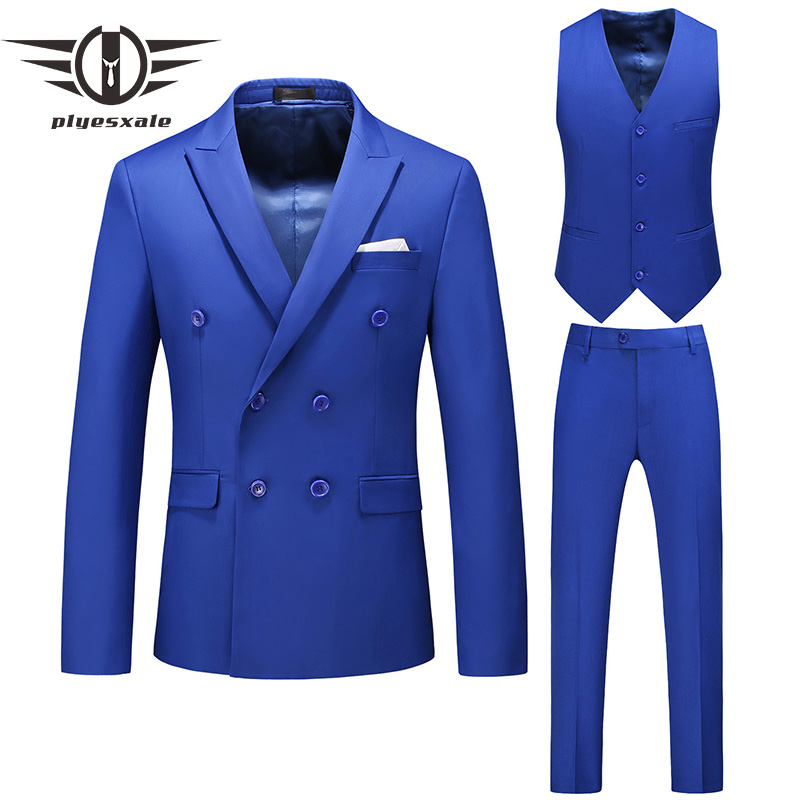 

Men's Suits & Blazers 3 Piece Royal Blue Suit Men Yellow Black White Red Purple Wedding For Double Breasted Office Formal Dress Q936