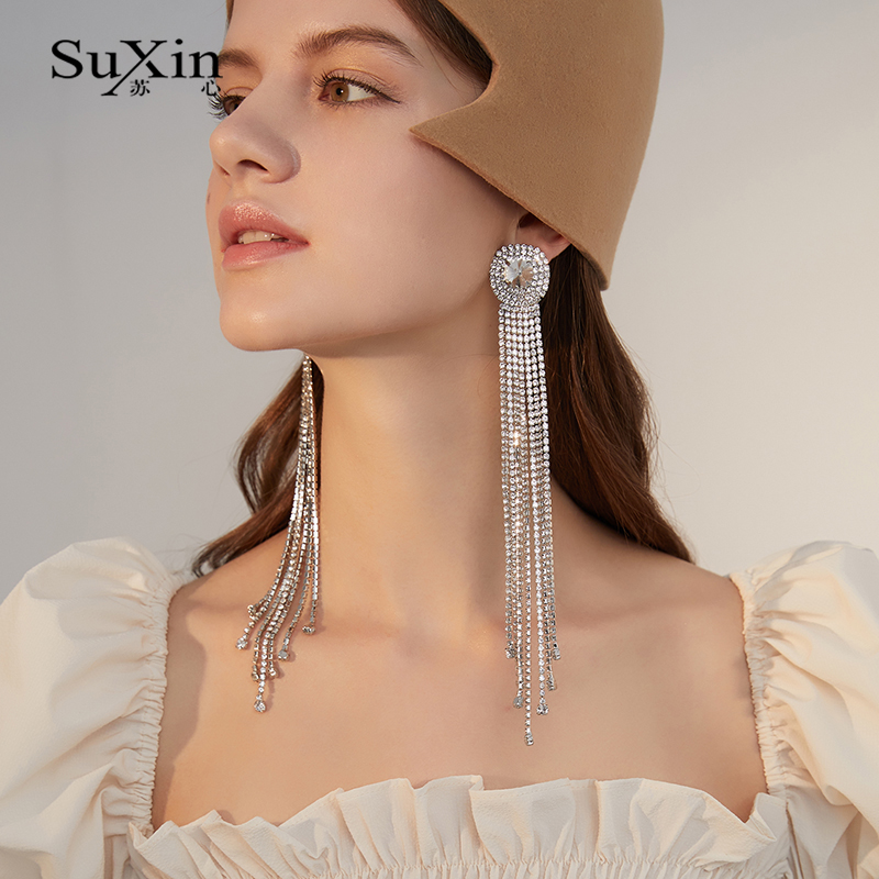 

Dangle & Chandelier SuXin 925 Silver Needle Earrings Temperament Artificial Crystal For Women Long Tassel Pendant Jewelry Gift