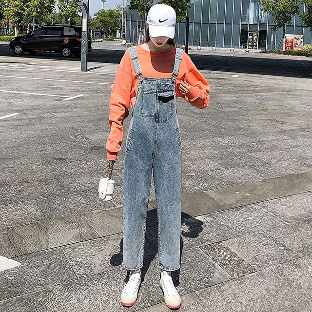 

Spring and Autumn 2020 Women's washed denim overalls Long pants Casual and versatile Loose Rompers Retro girl Solid color stree, Blue