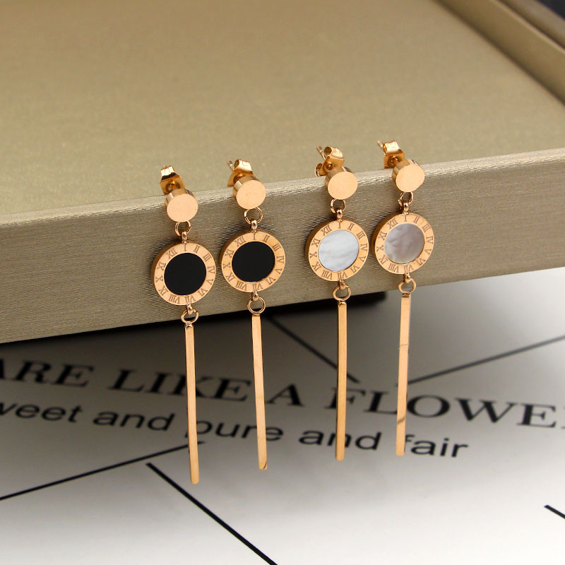 

Hot sale Fashion brand Titanium steel Roman long earring black and white color jewelry 18k Gold plated silver/rose color for woman gift