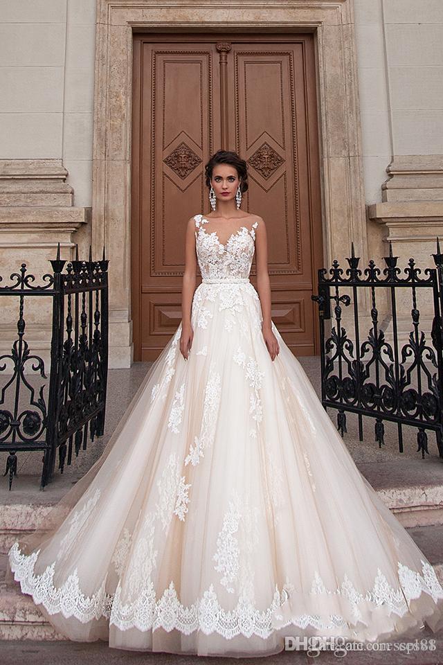 

2019 Elegant Lace Wedding Dresses Sheer Jewel Neckline Appliqued Tulle Chapel A-Line Backless Bridal Gowns With Beads Sash, Gold