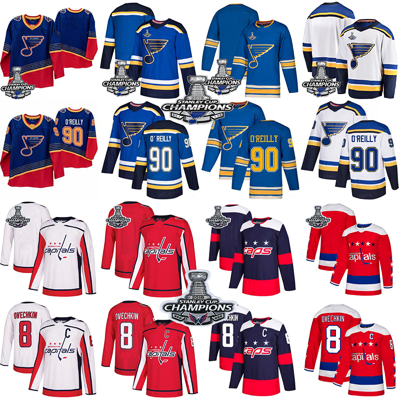 

2018 19 Stanley Cup Champions Washington Capitals Alex Ovechkin Tom Wilson St. Louis Blues Ryan O'Reilly Binnington Tarasenko hockey jerseys, Vintage blue